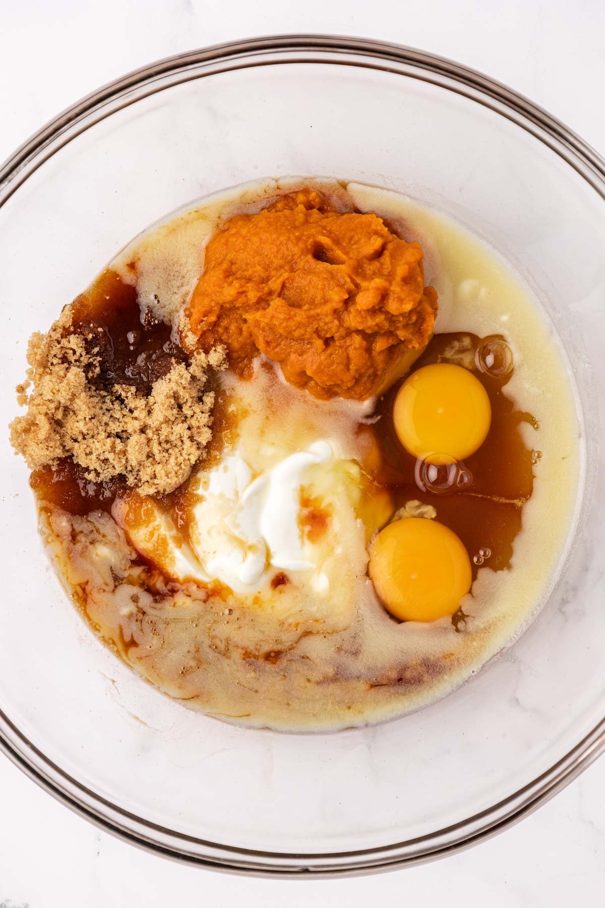 wet ingredients in a mixing bowl