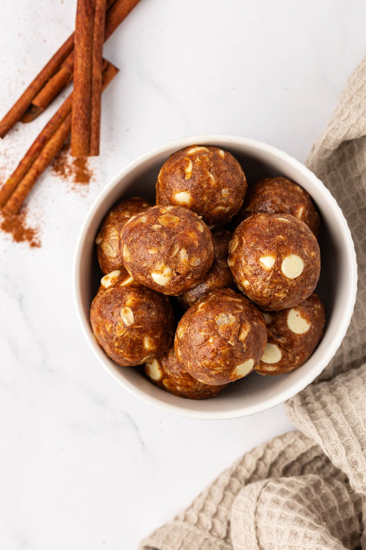 White Chocolate Pumpkin Spice Energy Bites in a bowl