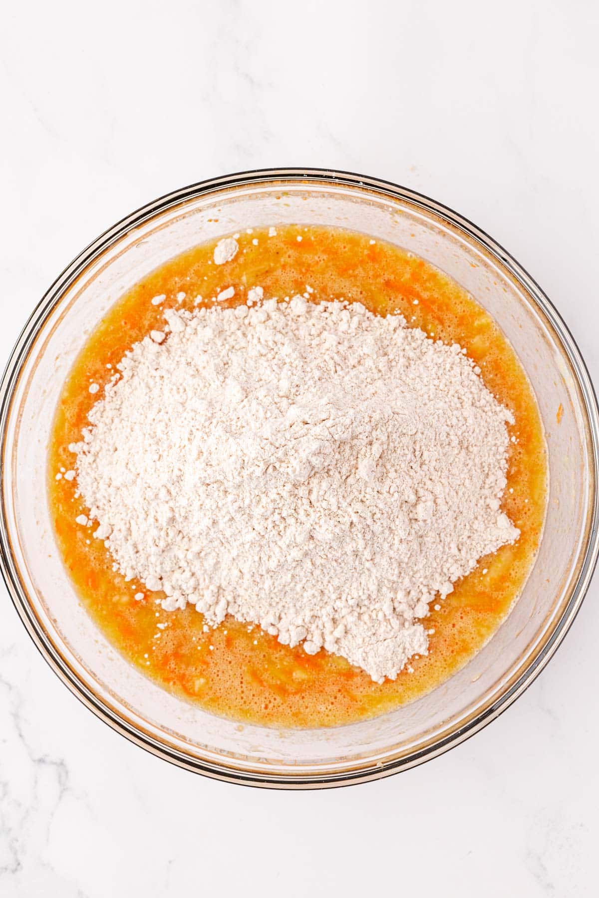adding the dry ingredients to the wet ingredients