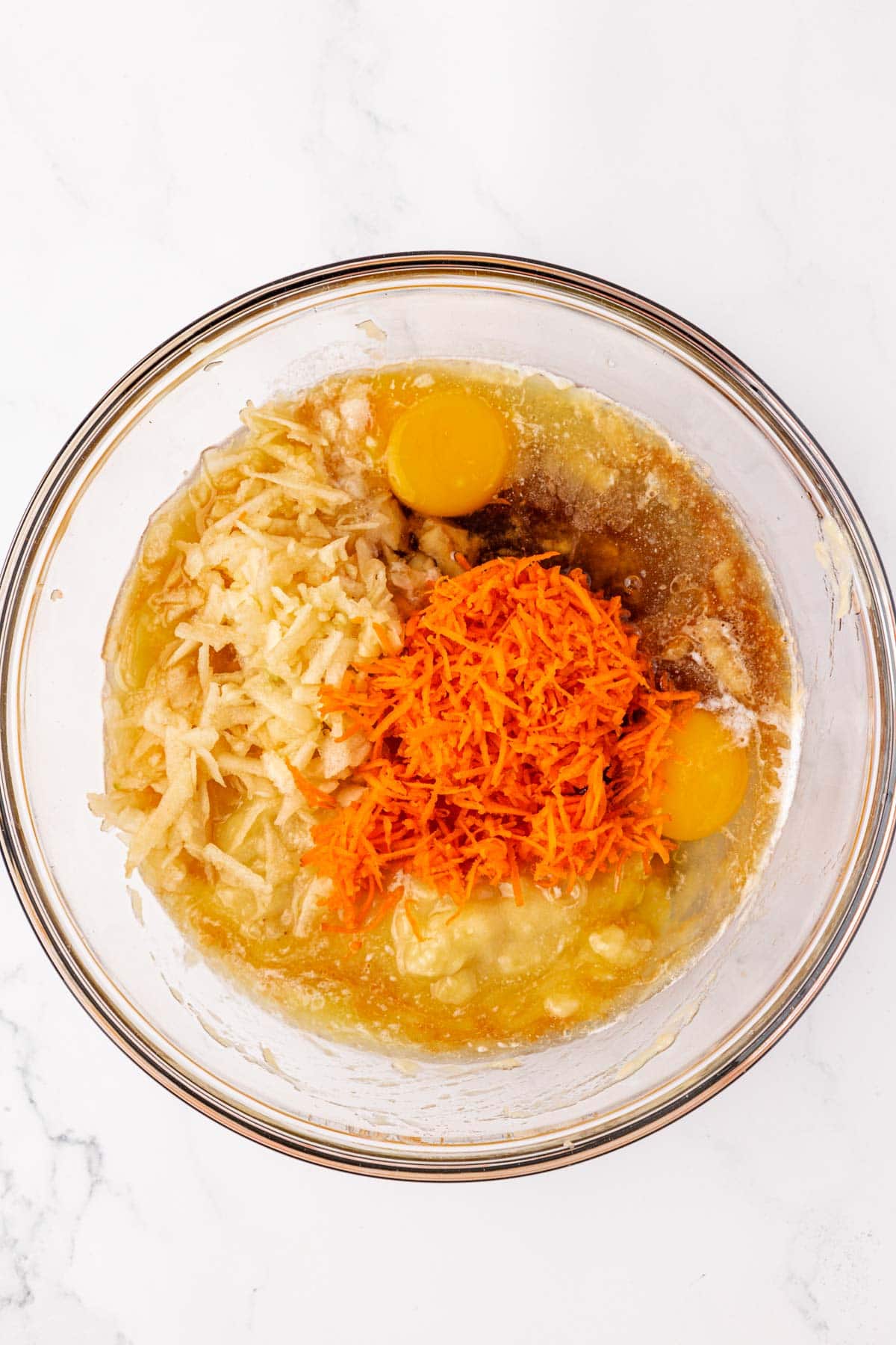 wet ingredients in a mixing bowl