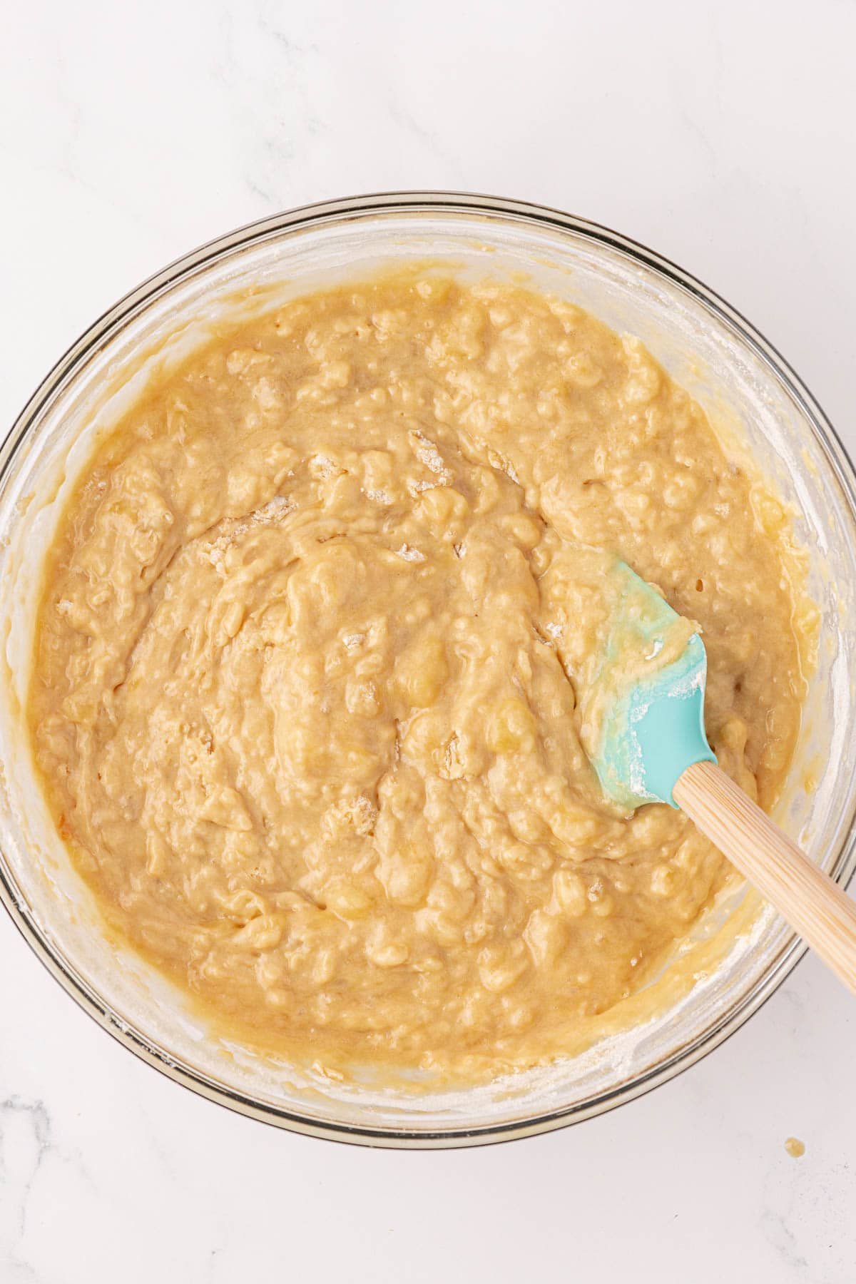 greek yogurt banana bread batter mixed together