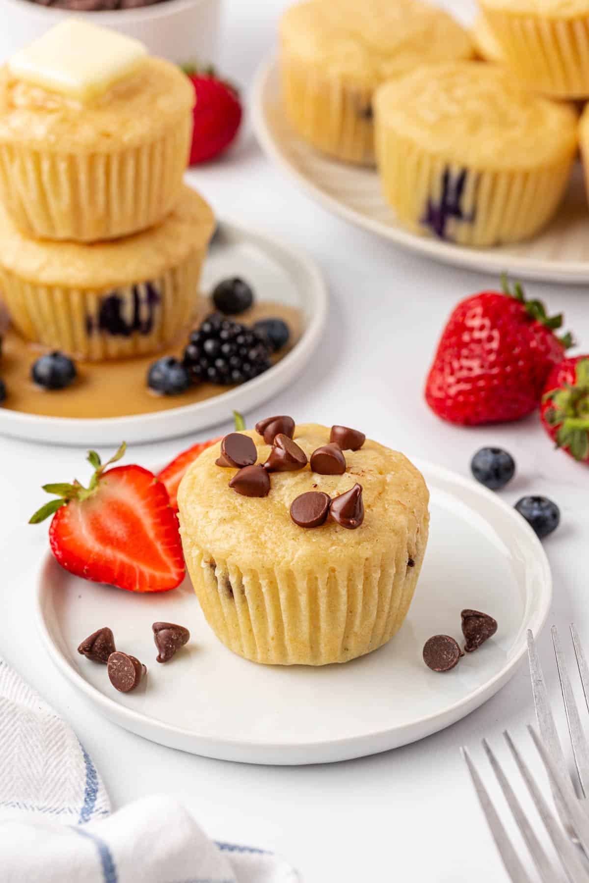 chocolate chip pancake muffin on a plate