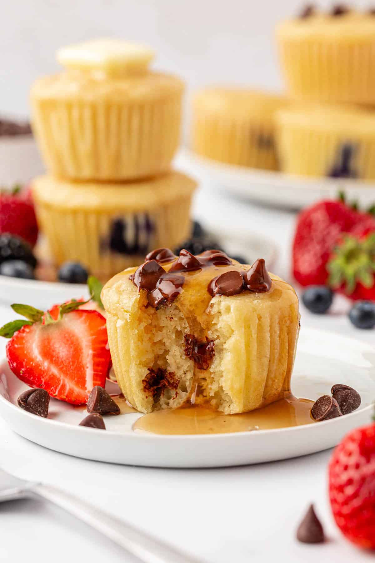 pancake muffin with syrup dripping over it
