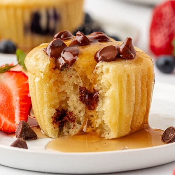 pancake muffin with syrup dripping over it