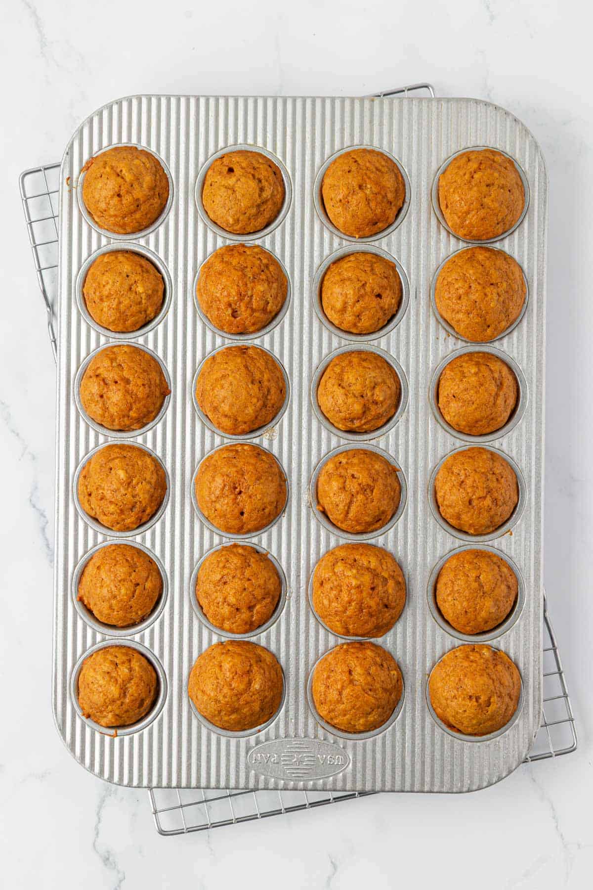 pumpkin donut mini muffins in the muffin tin