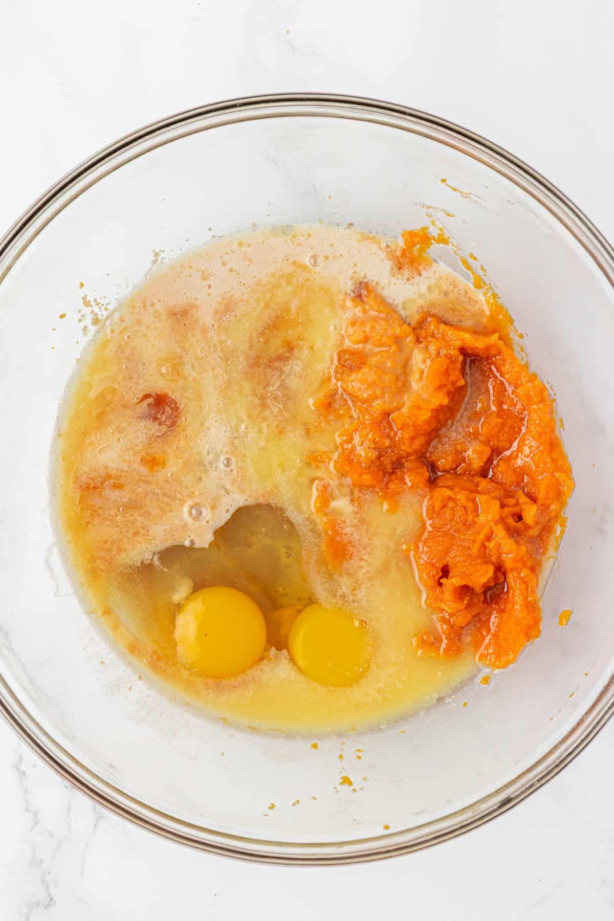 wet ingredients in a mixing bowl