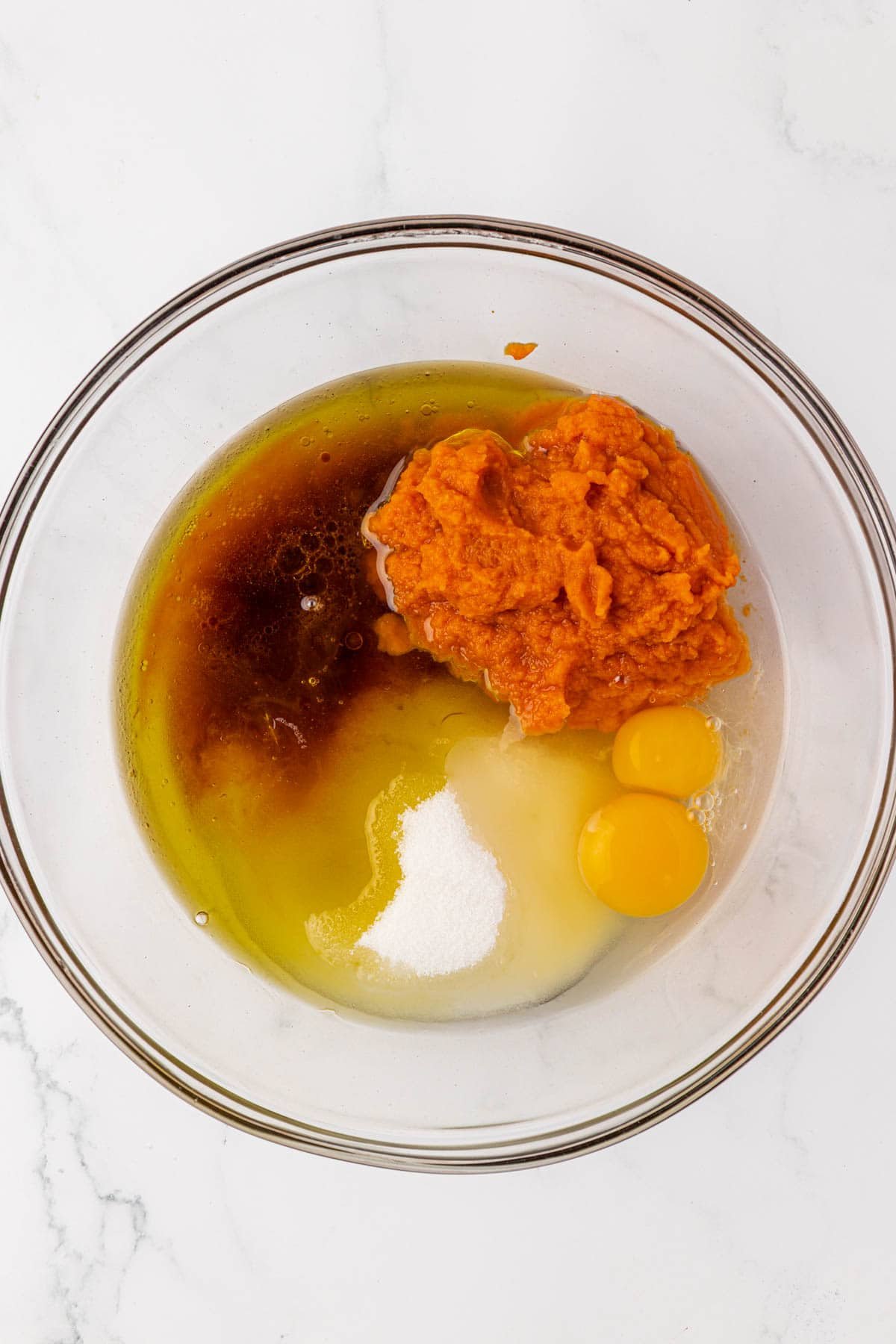 wet ingredients in a mixing bowl