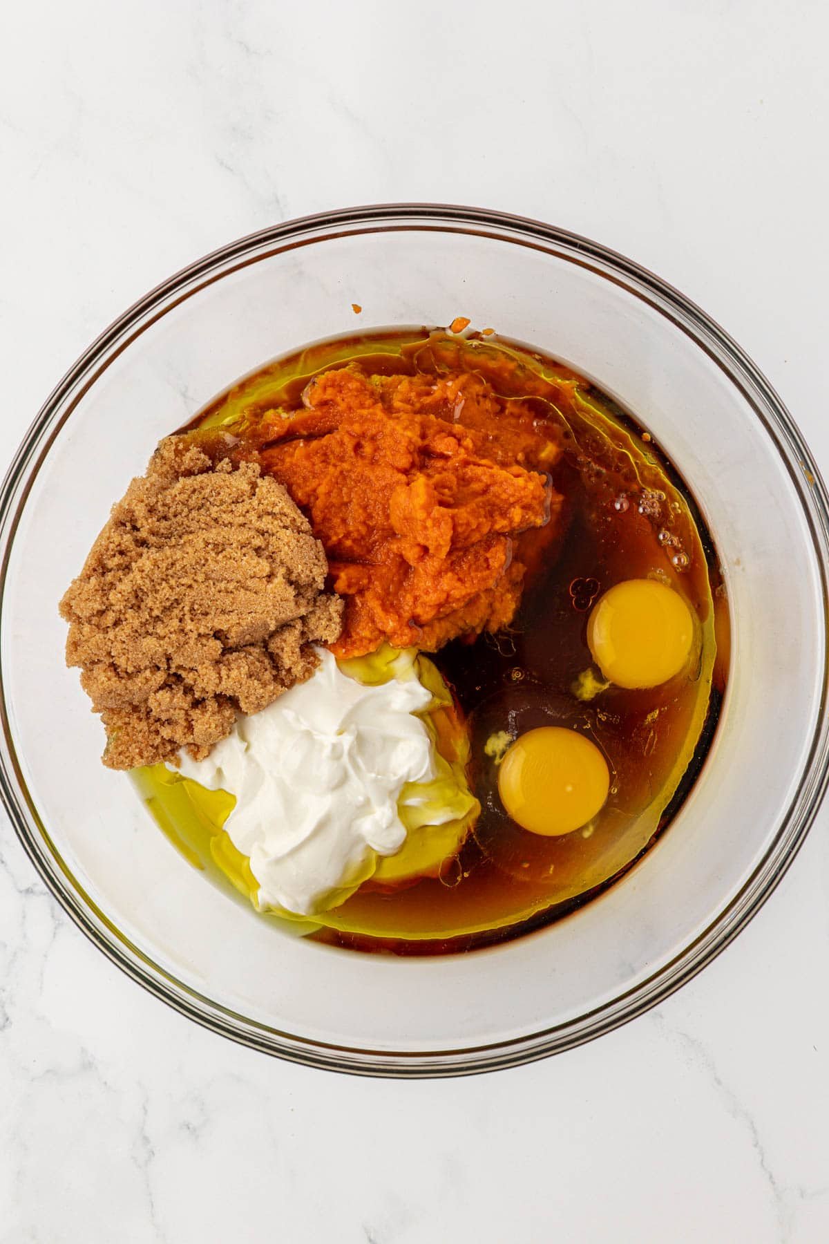 wet ingredients in a mixing bowl