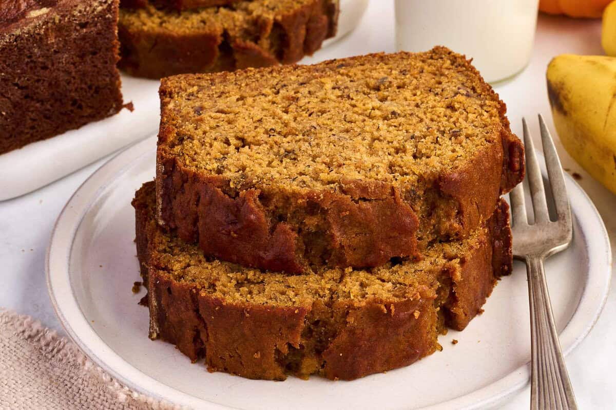 slices of pumpkin banana bread on a plate