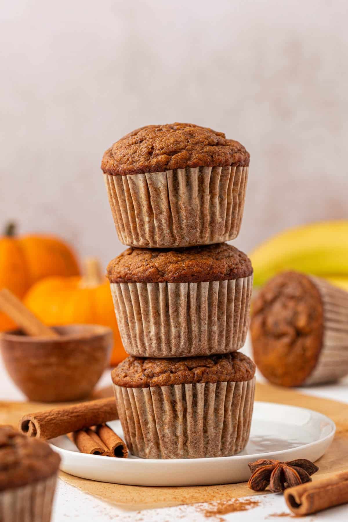 pumpkin banana muffins stacked