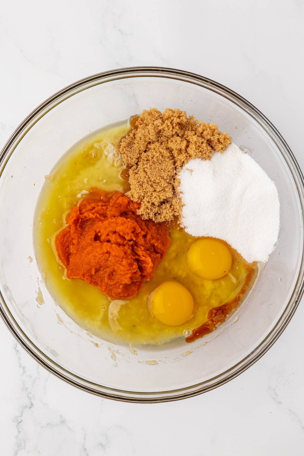 wet ingredients in a mixing bowl