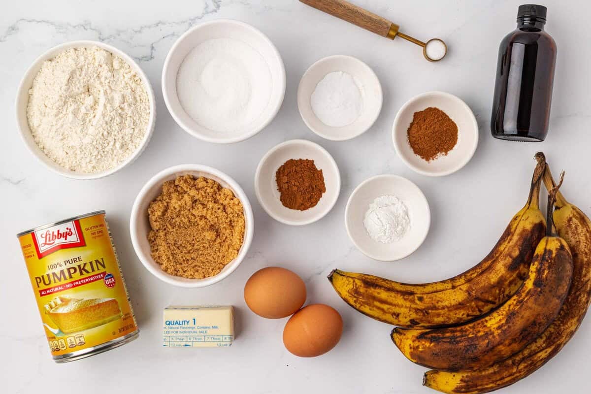 ingredients needed to make pumpkin banana muffins