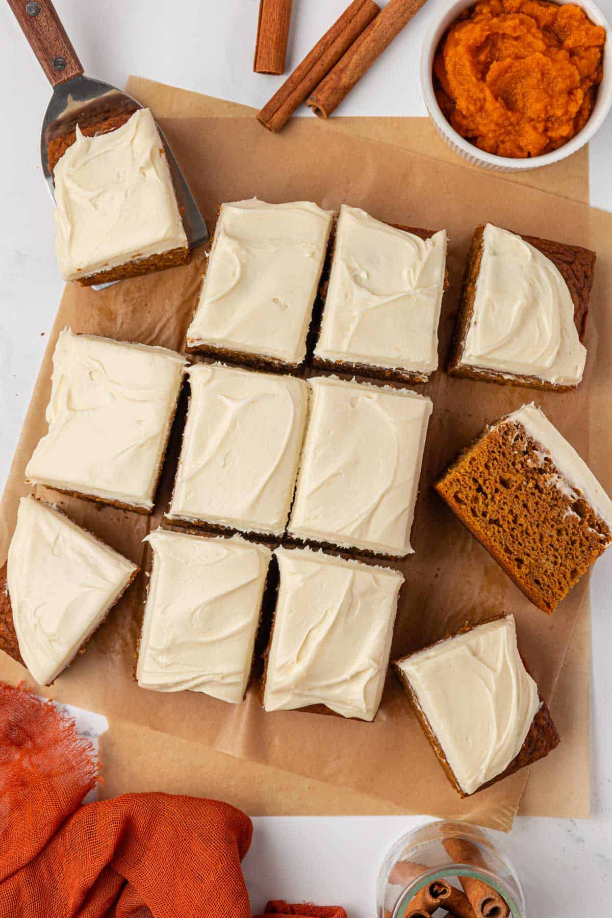 pumpkin snack cake cut into 12 pieces