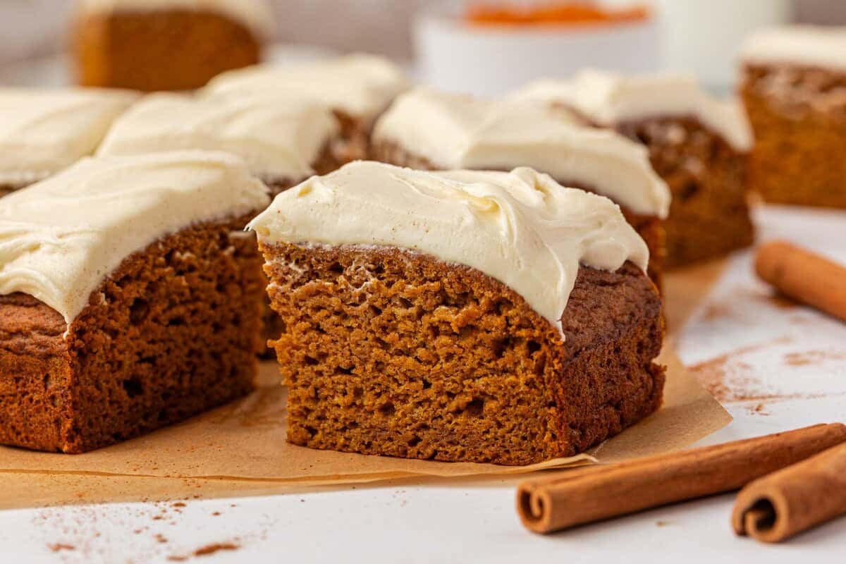 pumpkin snack cake with cream cheese frosting