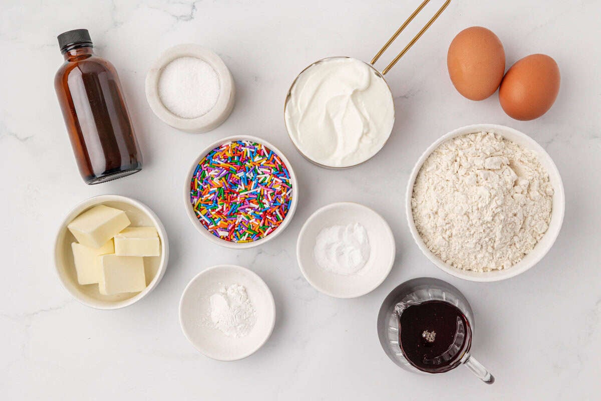 ingredients to make birthday cake mini muffins