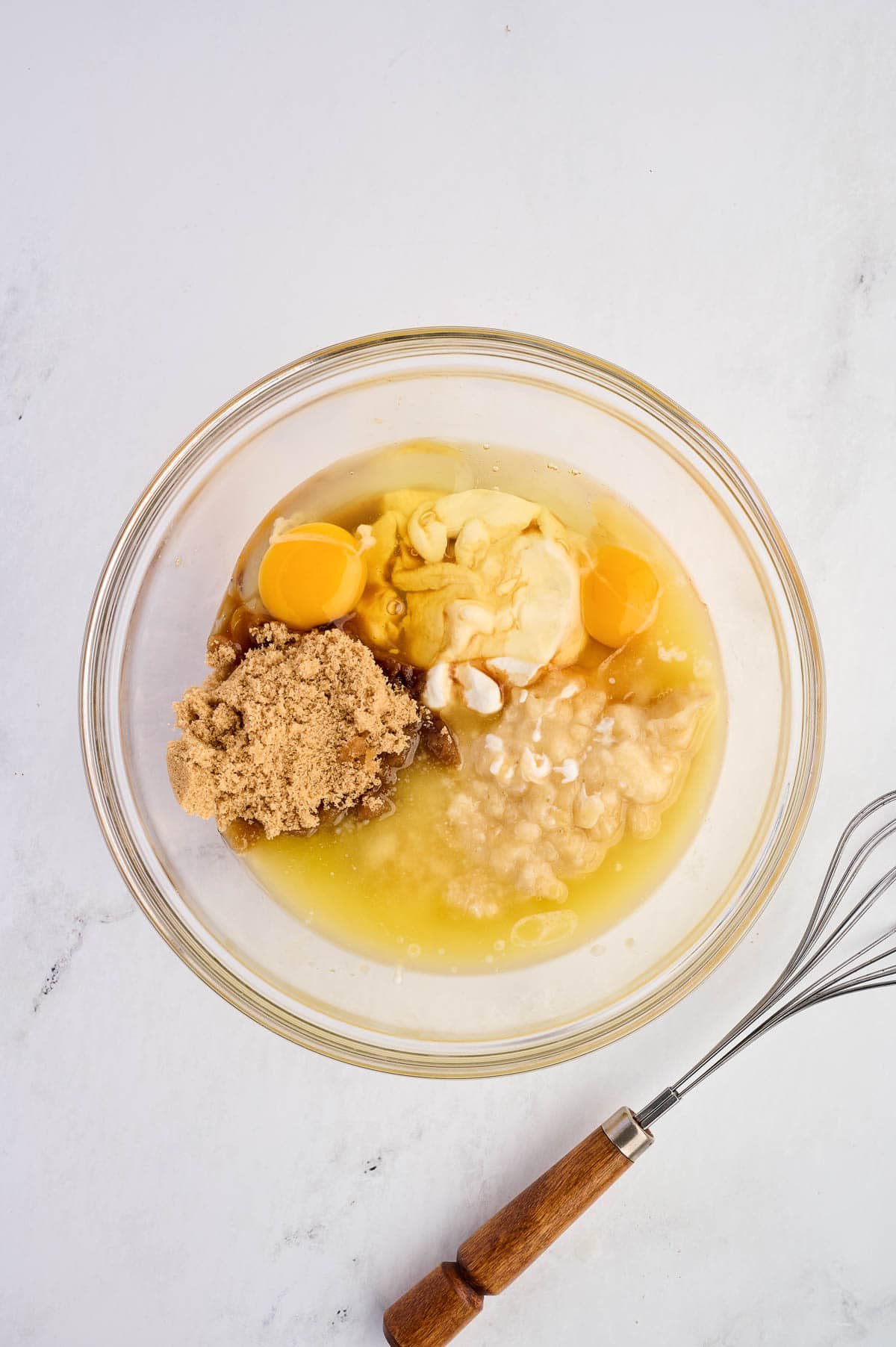 wet ingredients in a mixing bowl