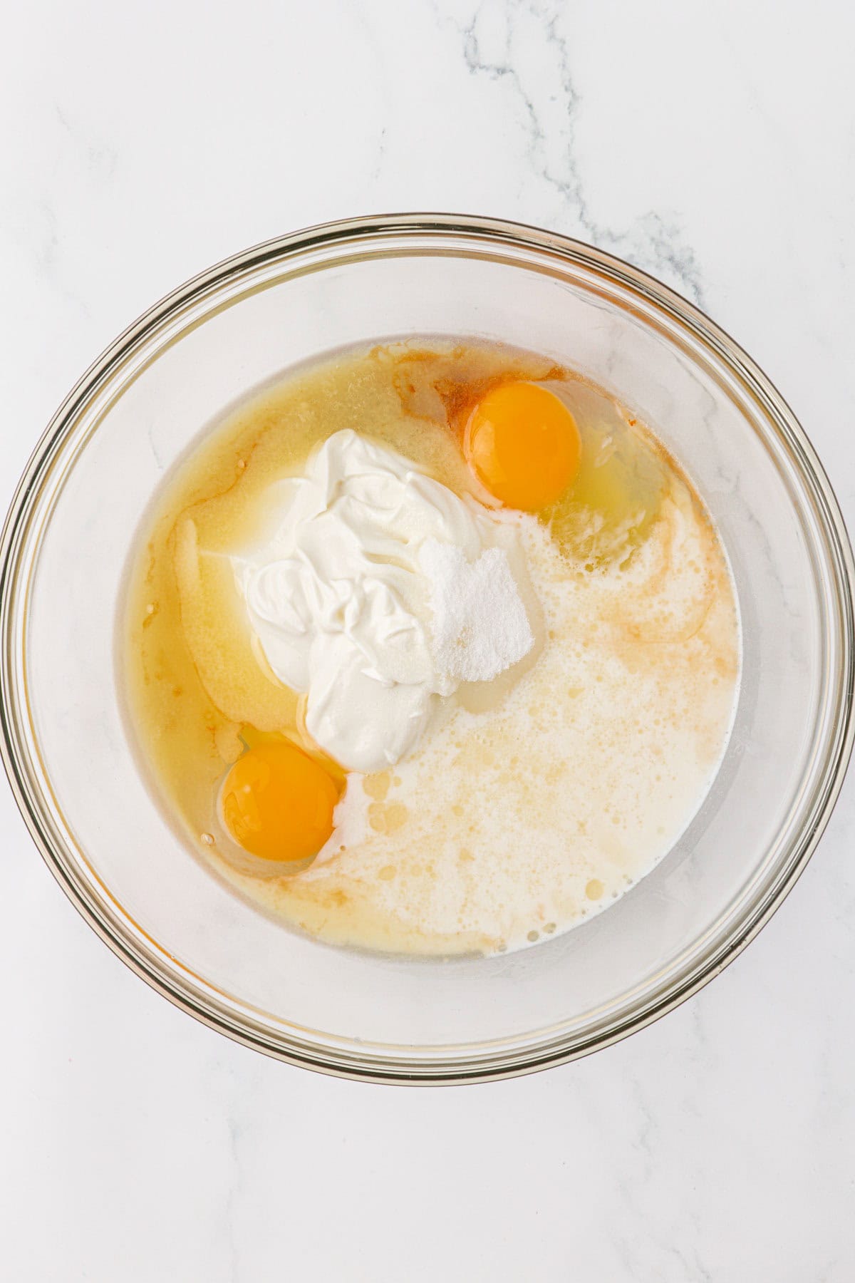 wet ingredients in a mixing bowl