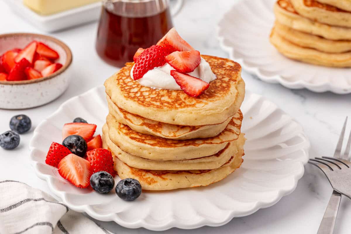 greek yogurt pancakes with strawberries on top