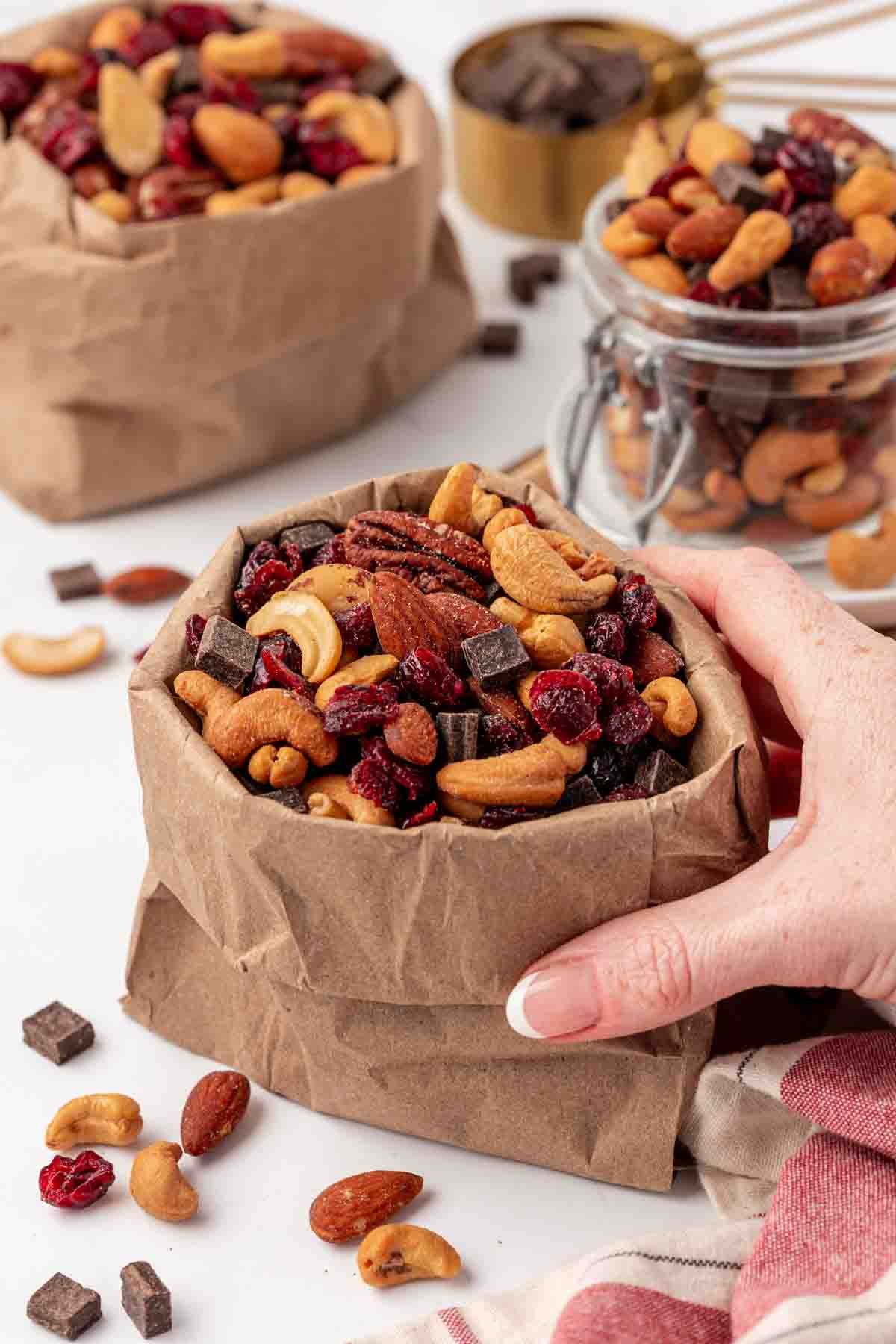 trail mix in a paper bag
