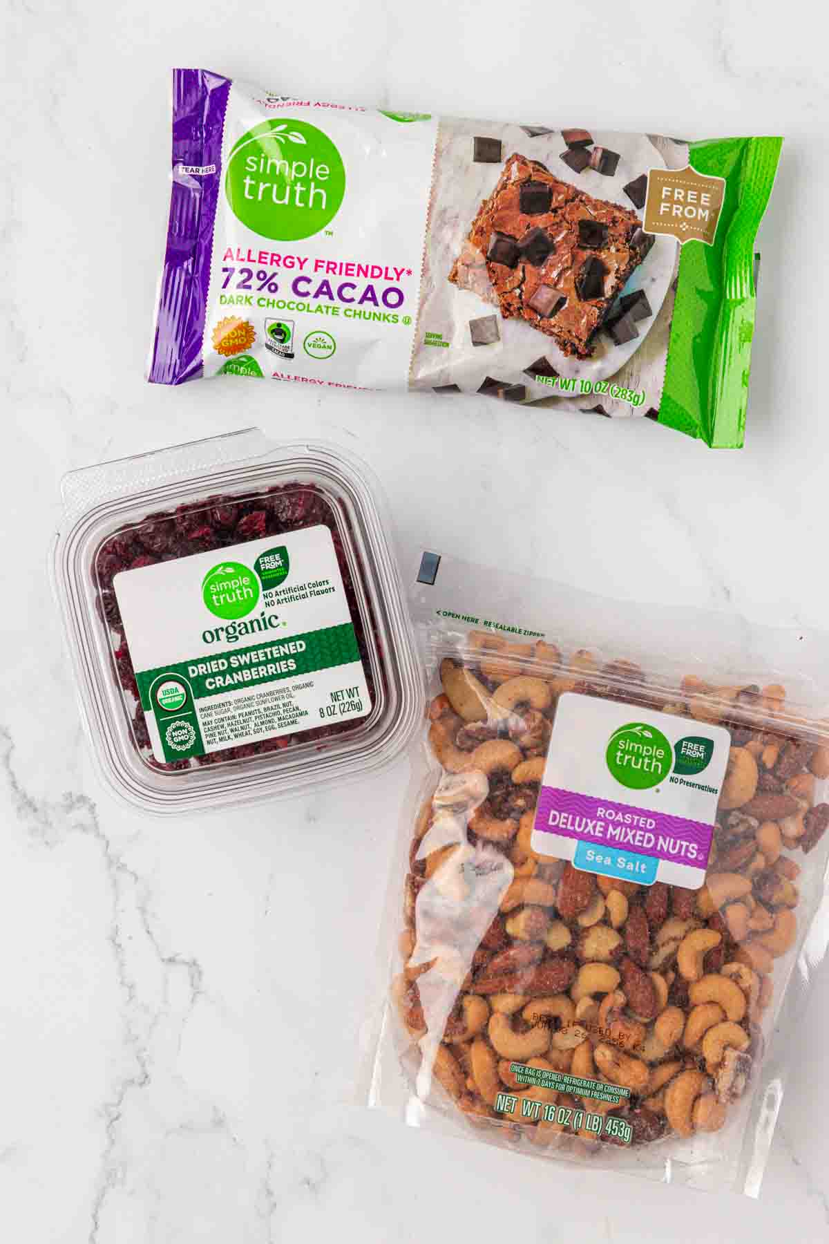 chocolate chunks, dried cranberries, and a bag of nuts