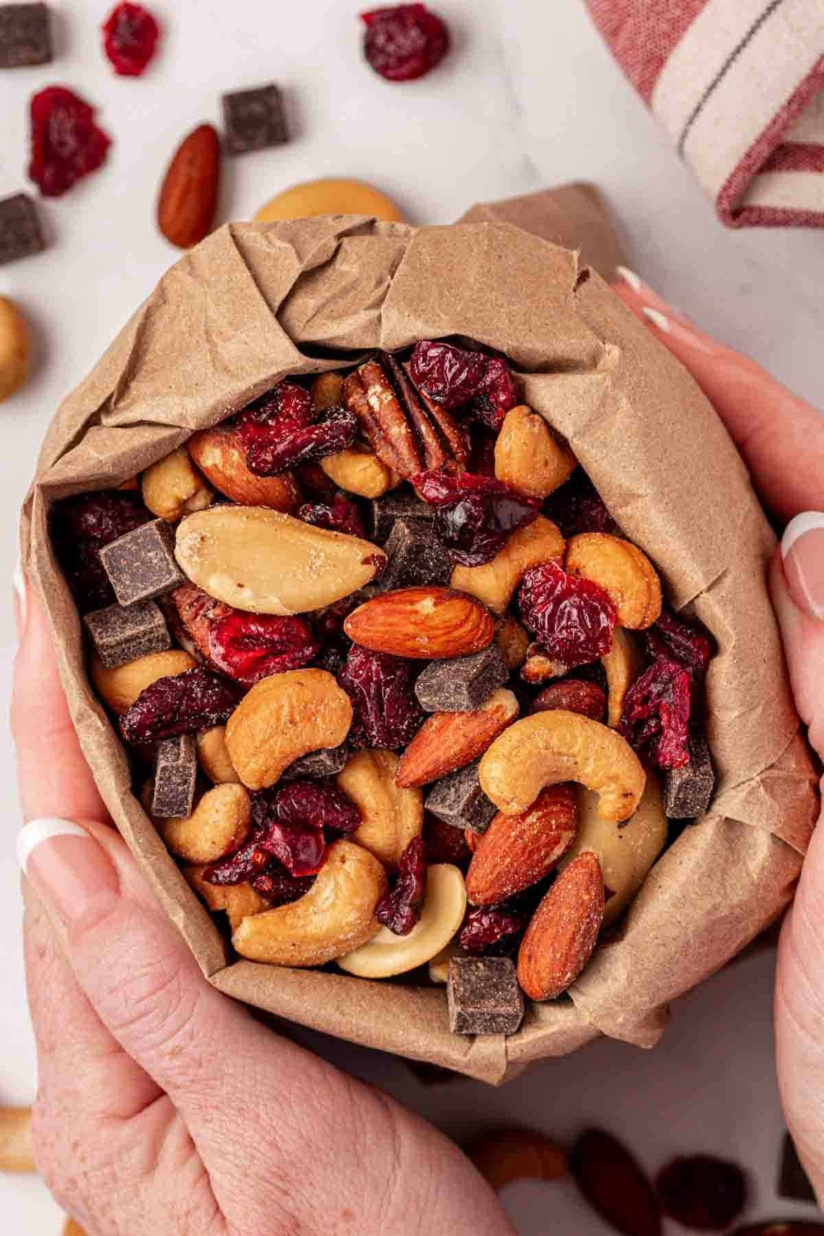 trail mix in a paper bag