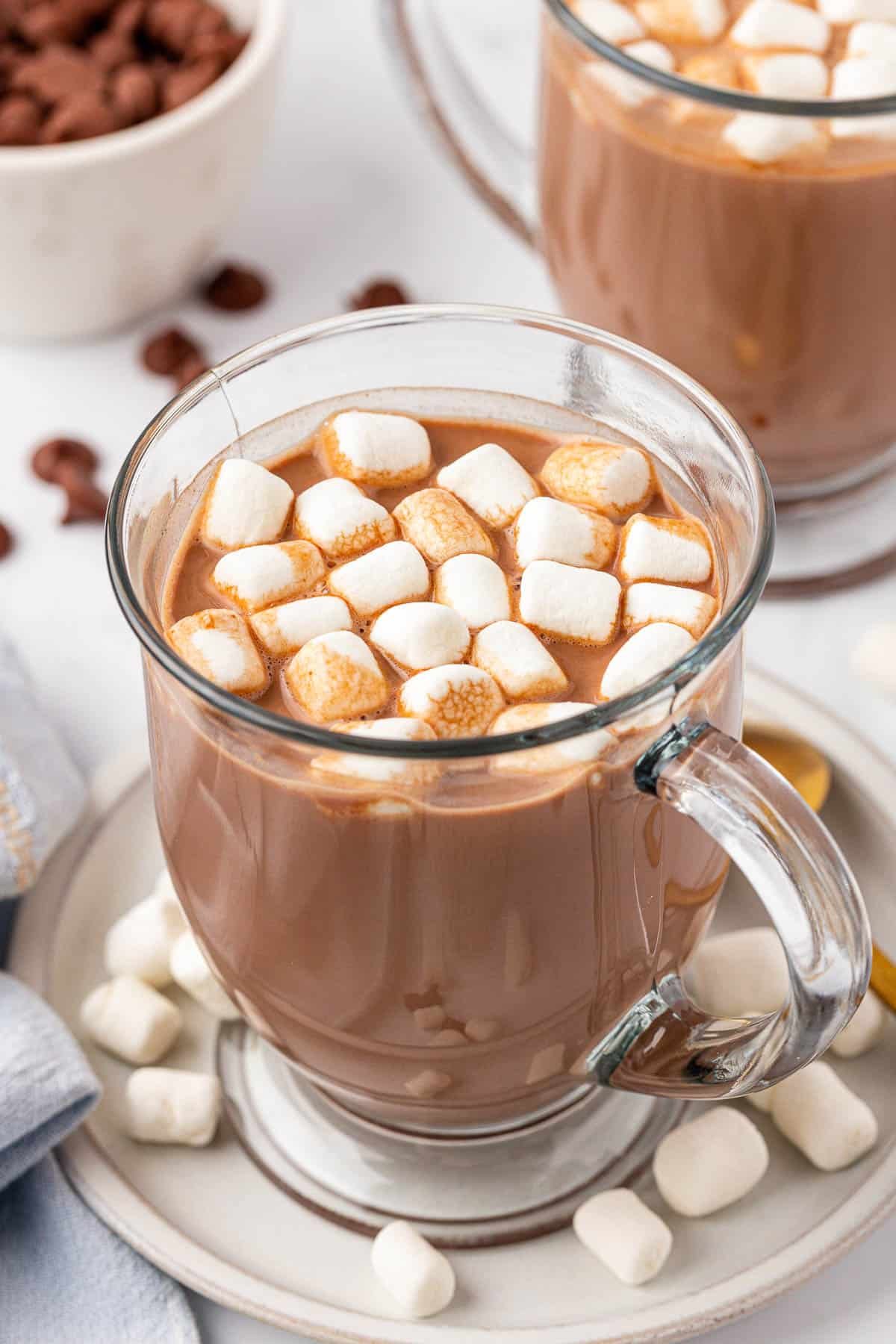 crock pot hot chocolate in a mug with mini marshmallows on top