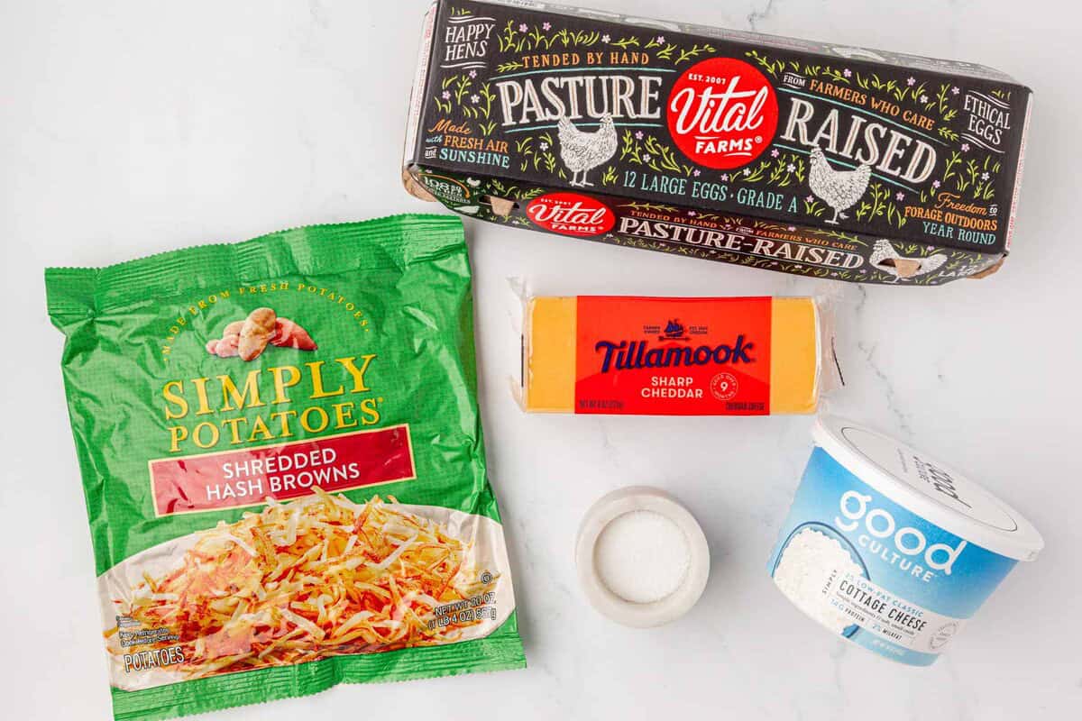 hash brown potatoes, cheese, eggs, cottage cheese, and salt