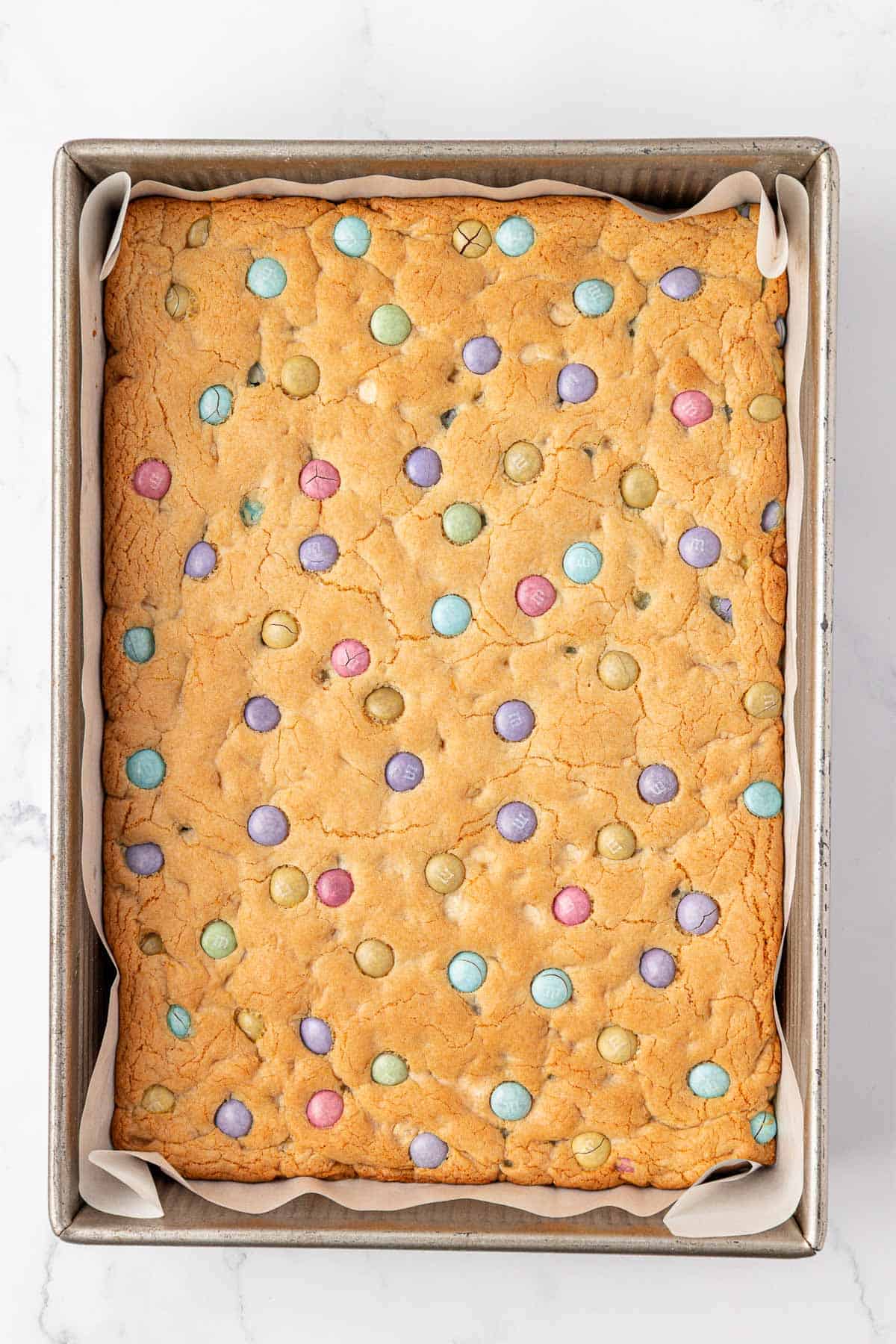 cookie bars in the baking pan