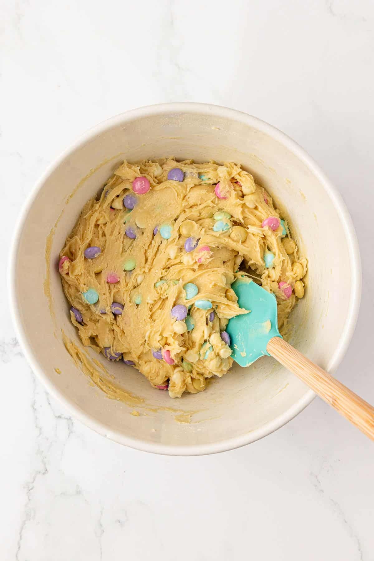 Easter cookie bar batter mixed together in a bowl