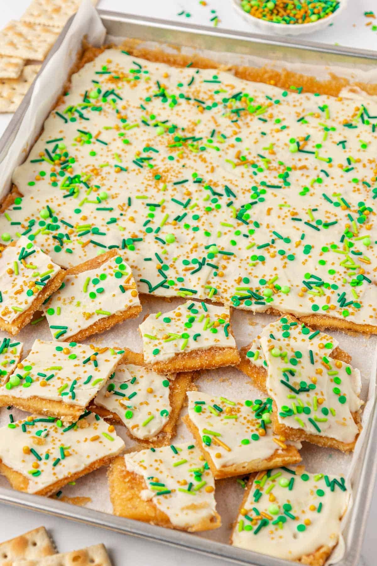 saltine toffee with white chocolate and sprinkles