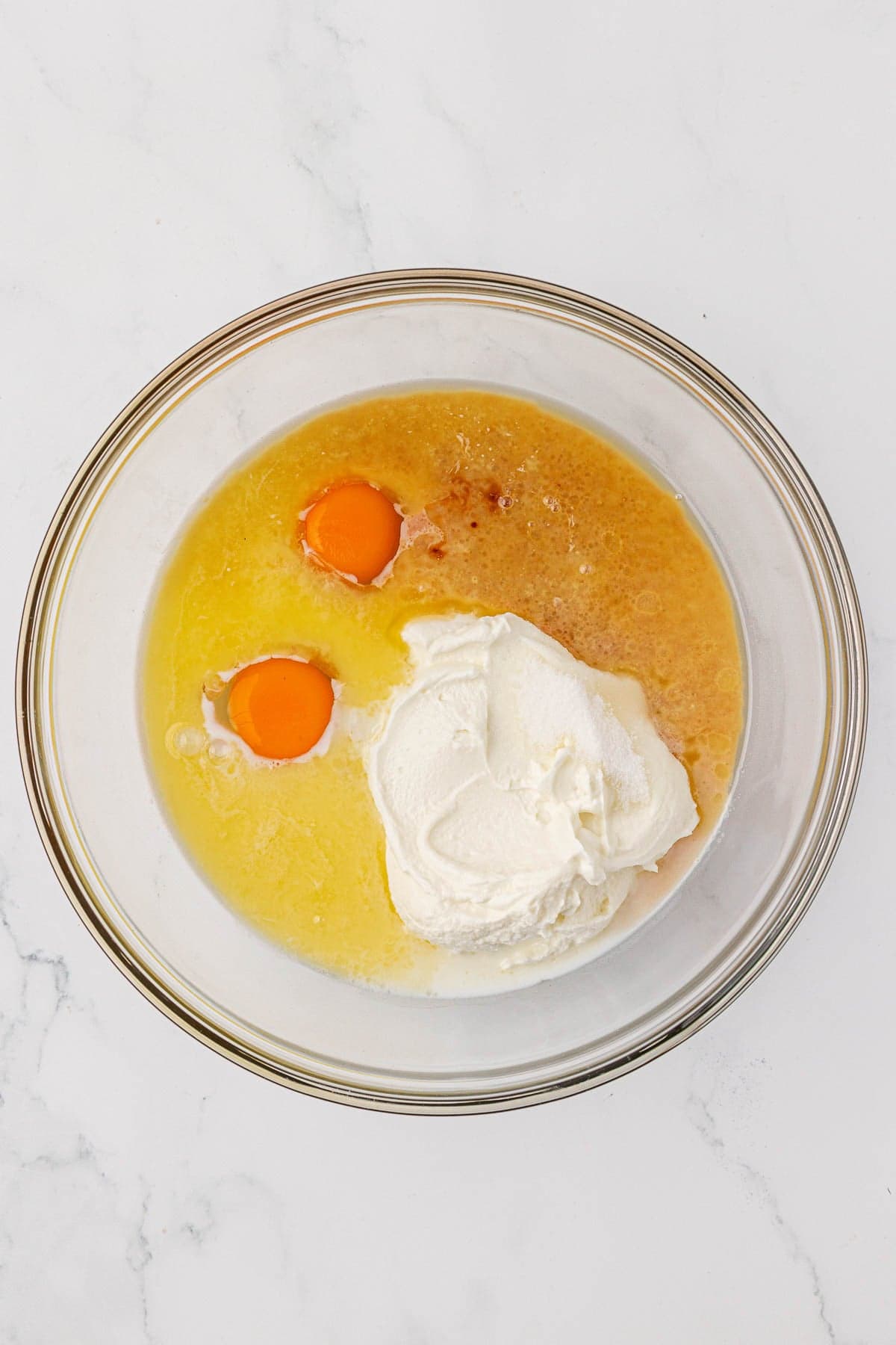 wet ingredients in a mixing bowl