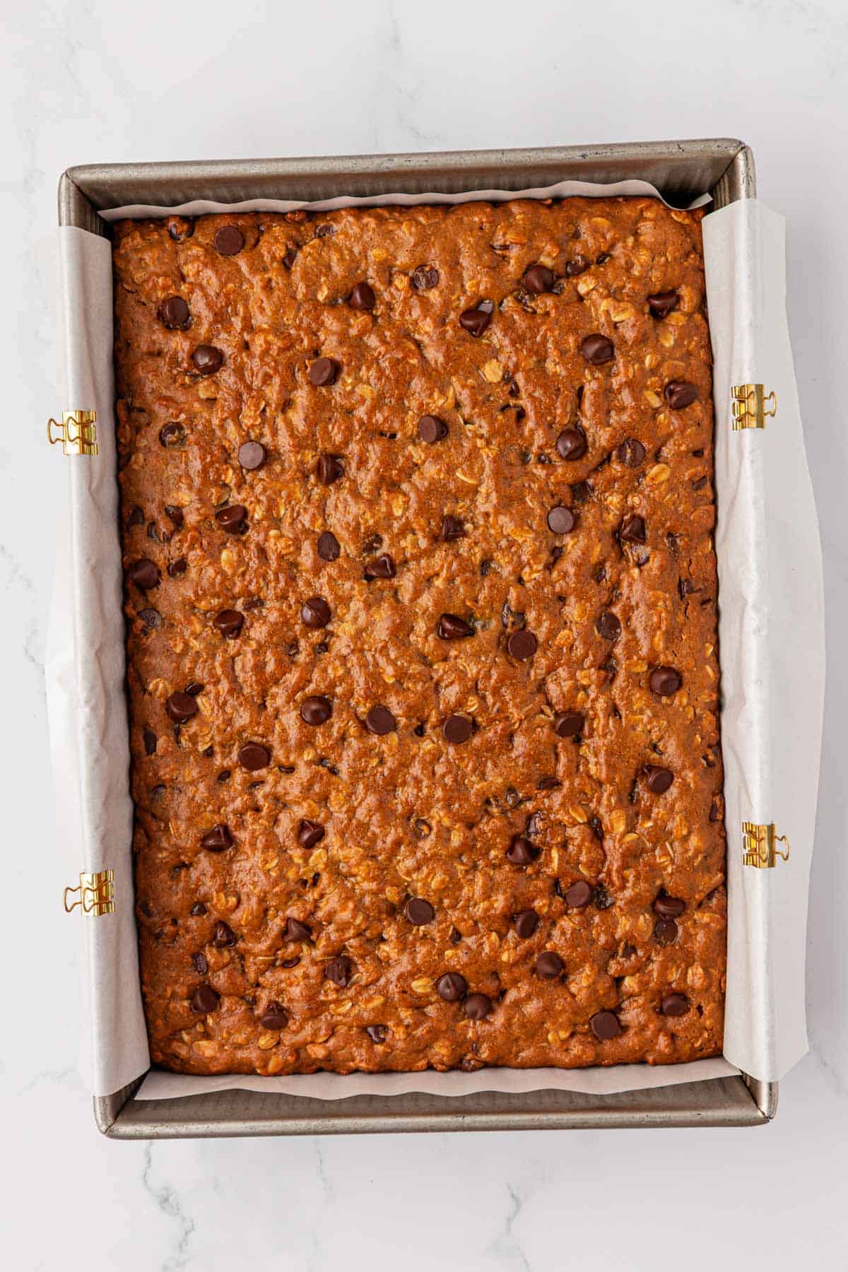 gluten free cookie bars in a baking dih