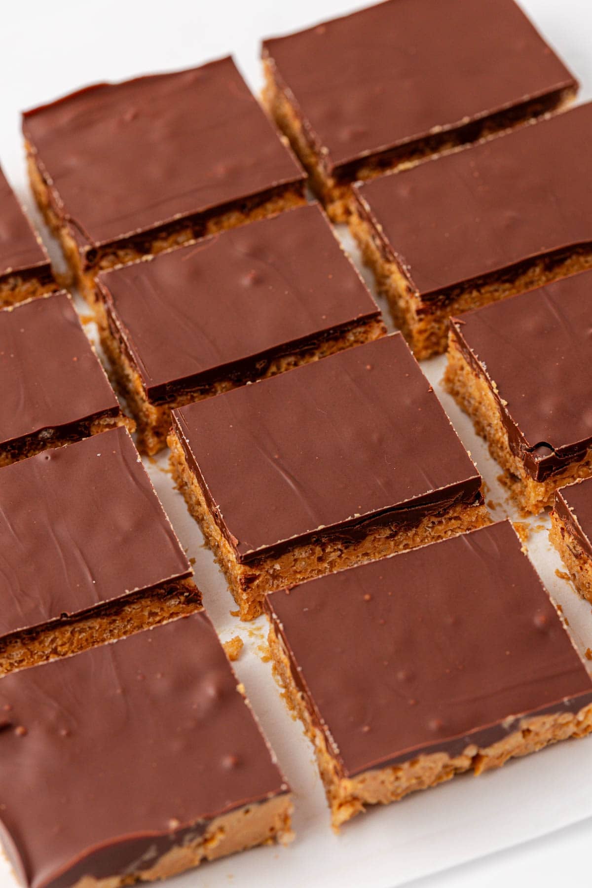 peanut butter rice krispie bars cut into squares