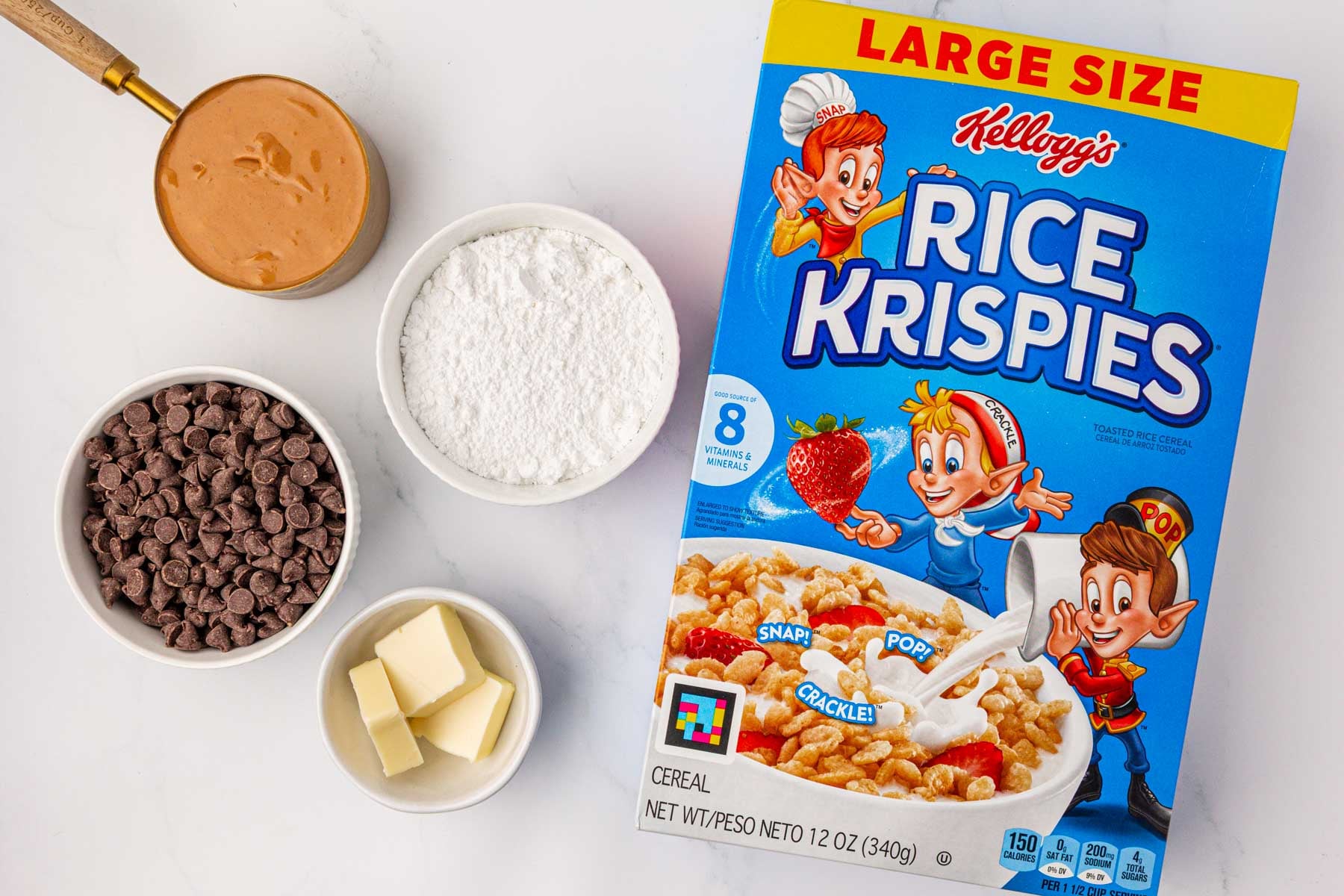 peanut butter, chocolate chips, powdered sugar, butter, and rice krispies