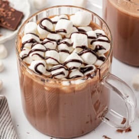 hot chocolate topped with marshmallows and chocolate syrup