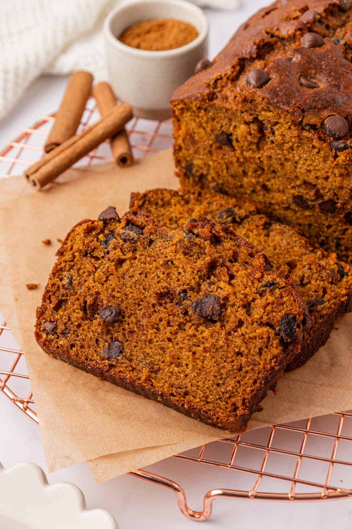 chocolate chip pumpkin bread slices