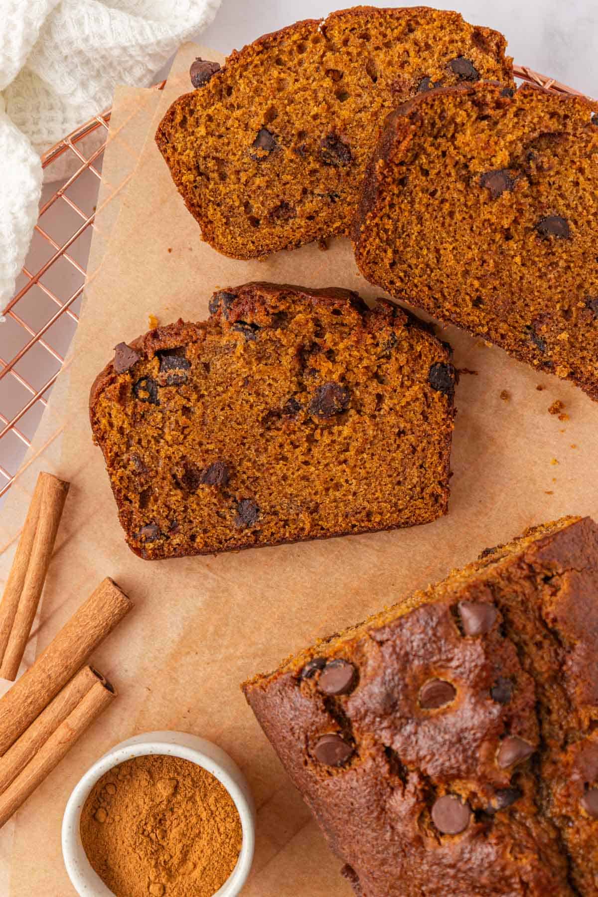 chocolate chip pumpkin bread slices