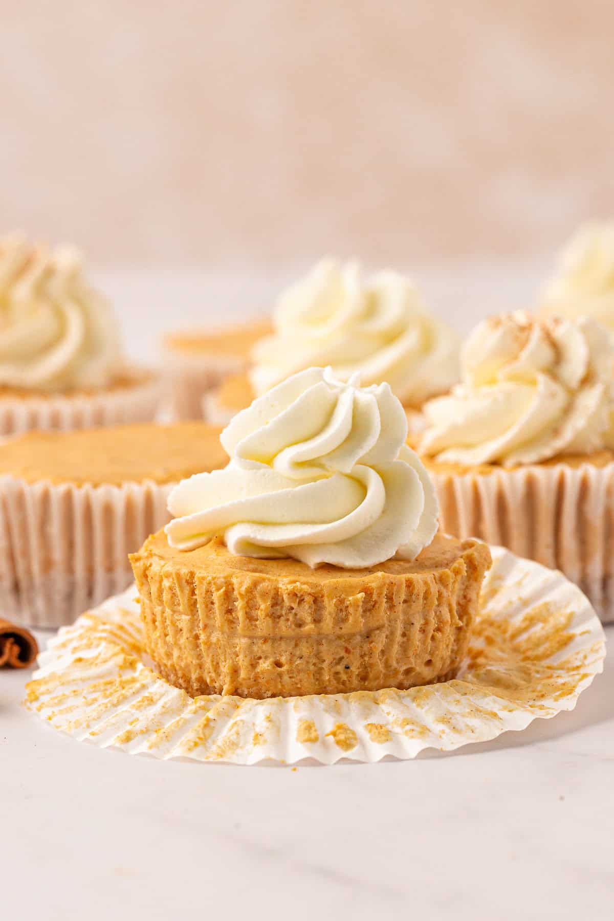 no bake mini pumpkin cheesecakes topped with whipped cream