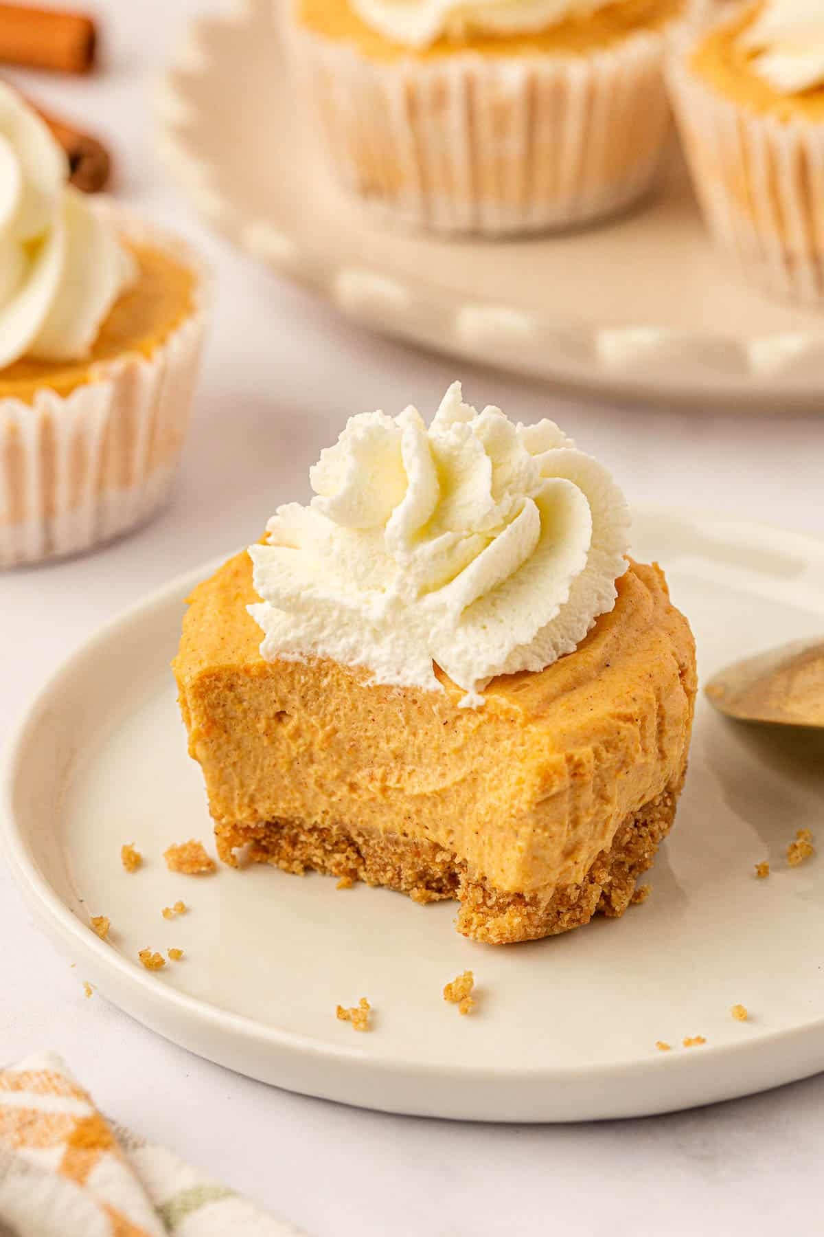 no bake mini pumpkin cheesecake topped with whipped cream